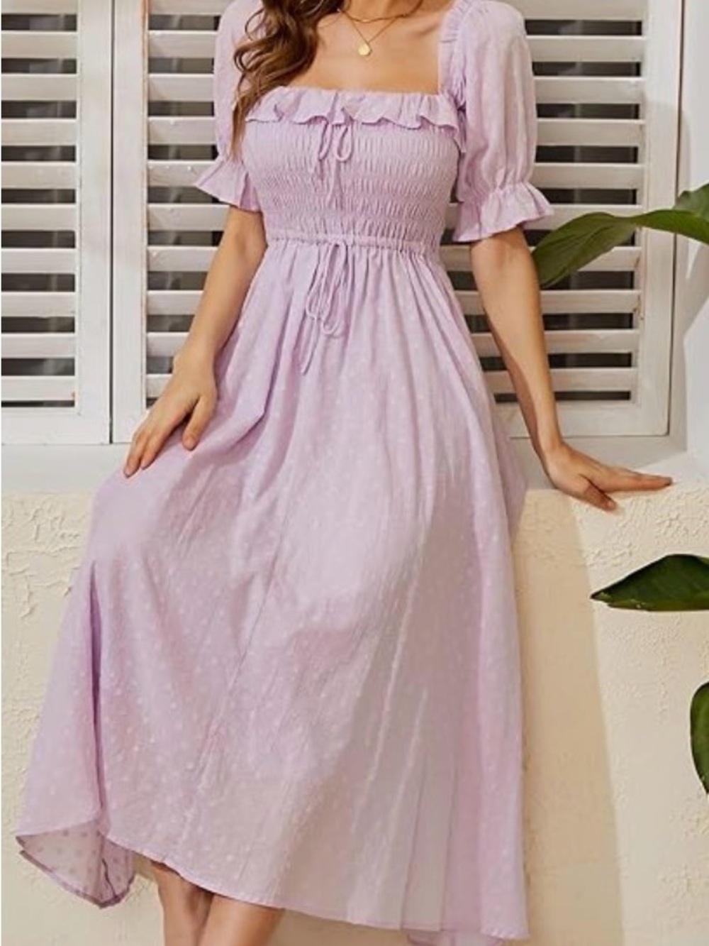 R.YIPOSHA Mauve Swiss Dot Smocked Cottagecore Midi Dress L 12/14